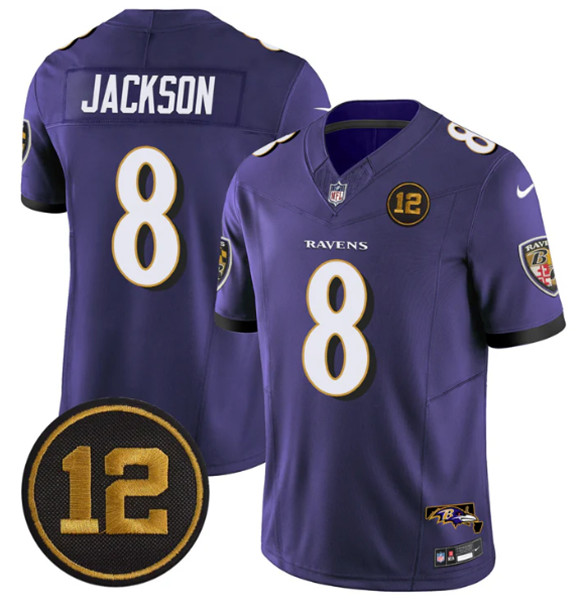 Men's Baltimore Ravens #8 Lamar Jackson Purple 2025 F.U.S.E. Jacoby Jones Patch Vapor Limited Football Jersey